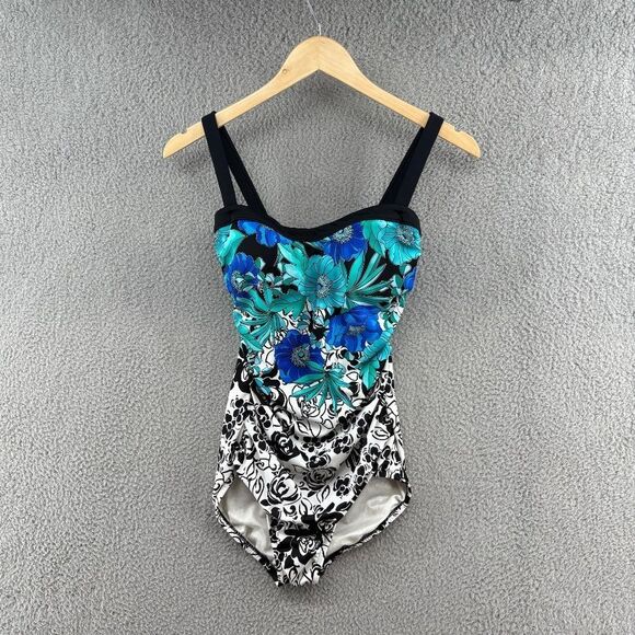 Maxine of Hollywood Floral One-Piece Swimsuit Size 8 Blue Black White Retro - Picture 1 of 12